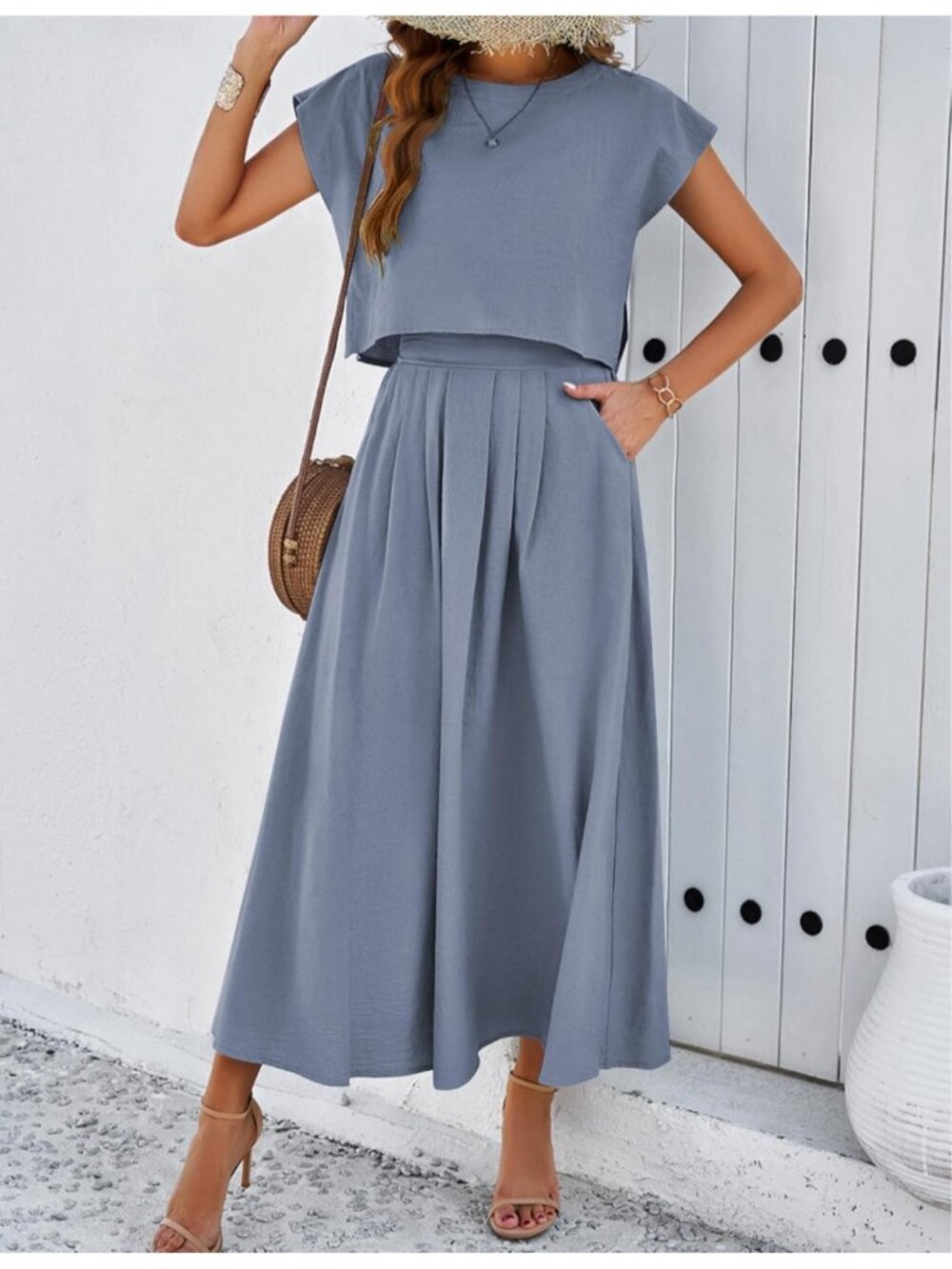 Women's Grey Blue 2 Piece Outfits Skirt Set Summer Casual Cap Sleeve Crop Tops - Picture 2 of 4